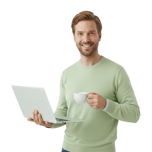 Abogado Online tomando un café mientras revisa un caso